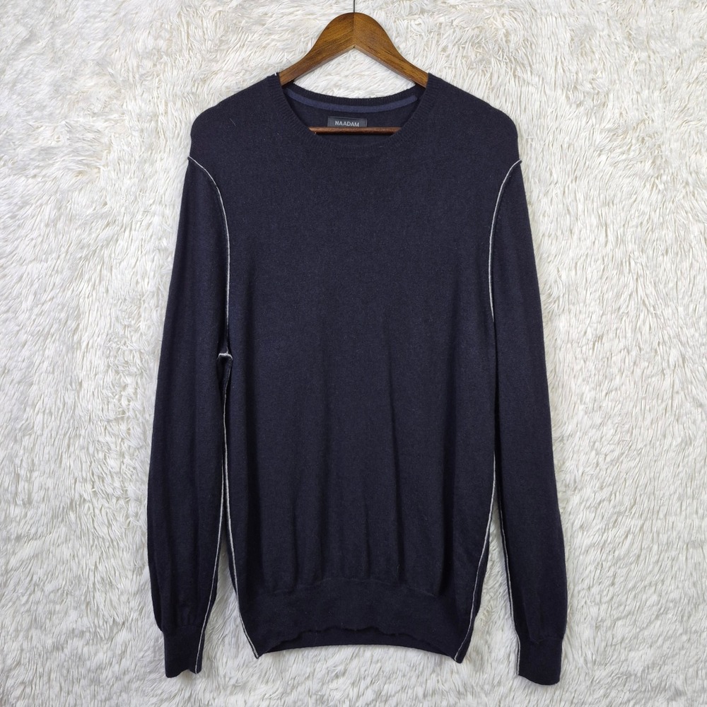 Naadam Mens Wool Cashmere Contrast Stitch‎ Crewneck Sweater Navy Blue Large